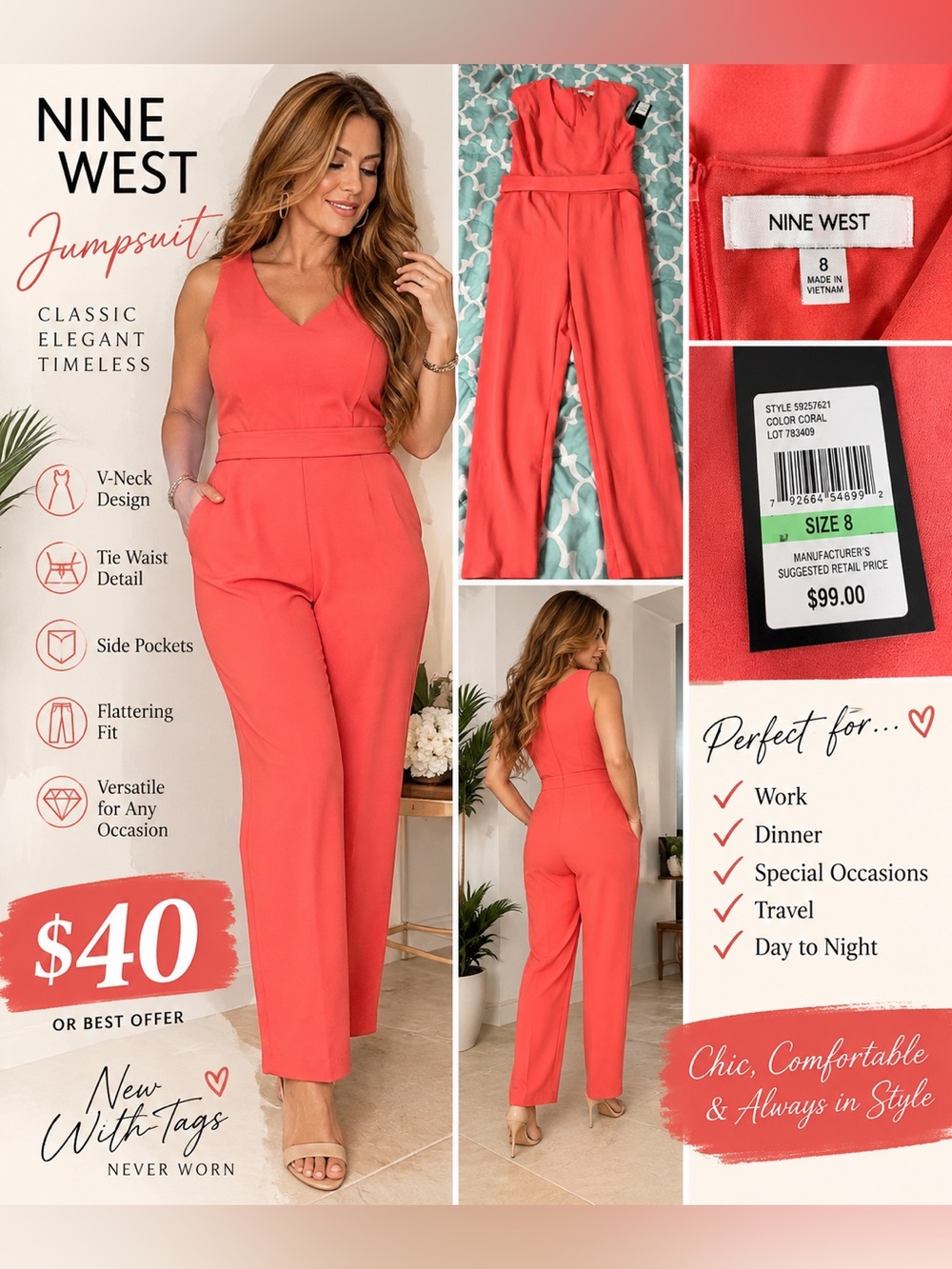 Nine West Coral V-Neck Tie-Waist Jumpsuit